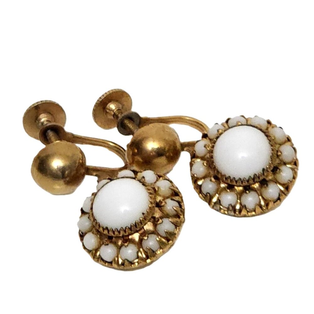 Vintage RARE Vargas Gold Filled White Confetti Flower Bead Screw On Earrings